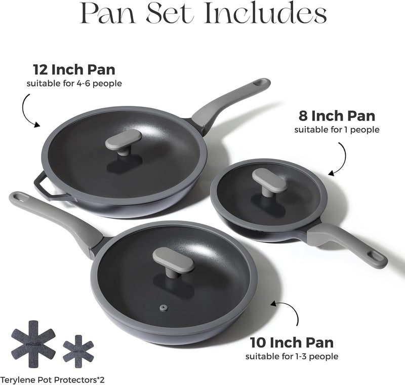 PRICUSIS 8Pcs Nonstick Ceramic Frying Pan Set with Lid, 8+10+12 Inch Induction Compatible, Stay Cool Handle, Fully Coated, 100% Dishwasher Safe, PFOA Free Omelet Pans, Warp Resistant (Black Sesame) - Image 2